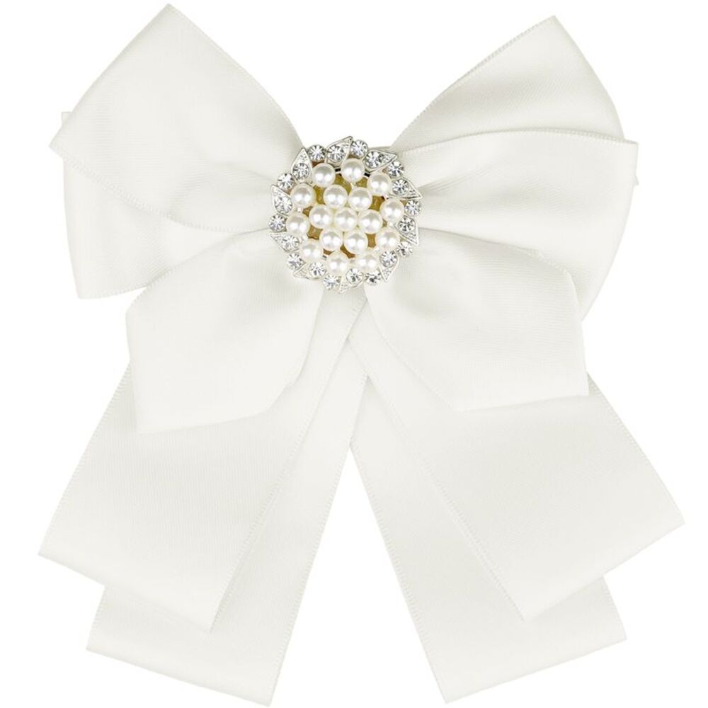 Ribbon Brooch School Uniform Pin Collar Bow Ties with Beads Beige